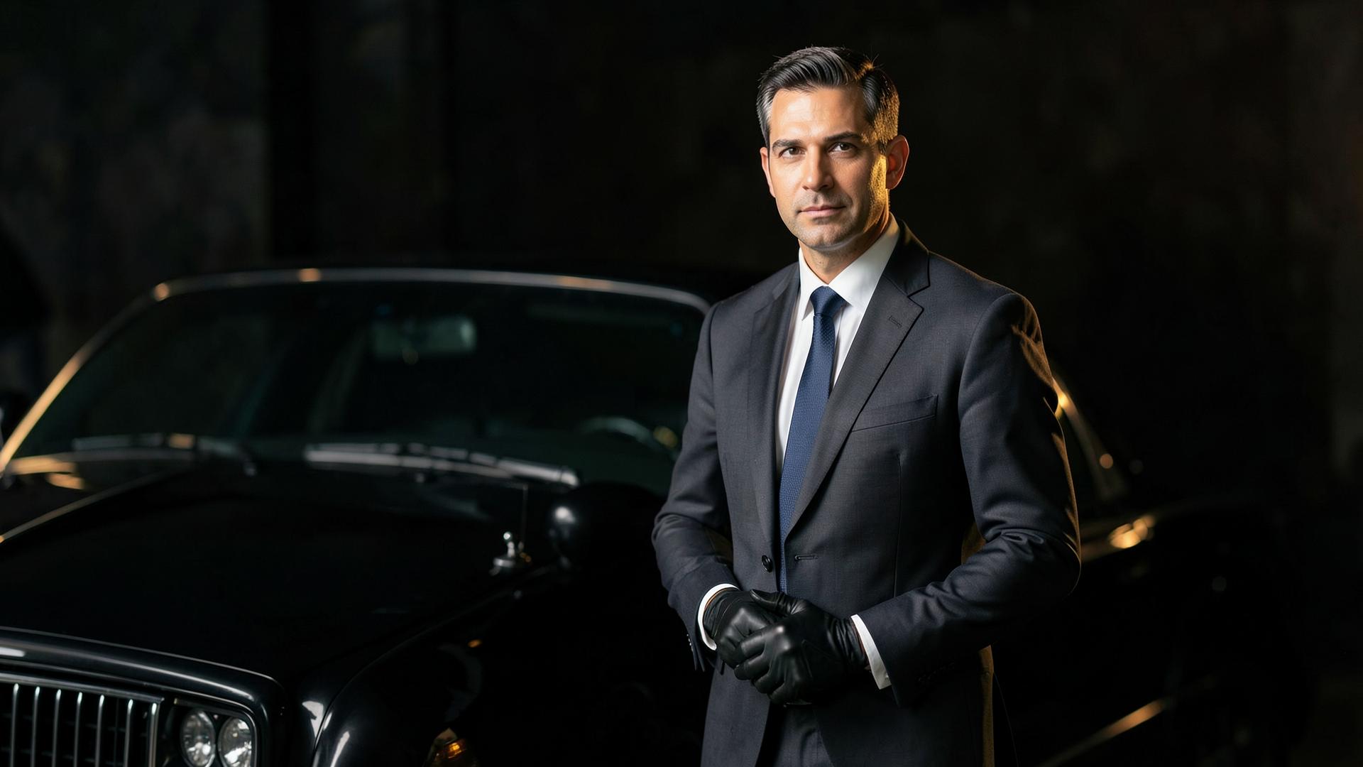 Professional chauffeur standing beside a black luxury car
