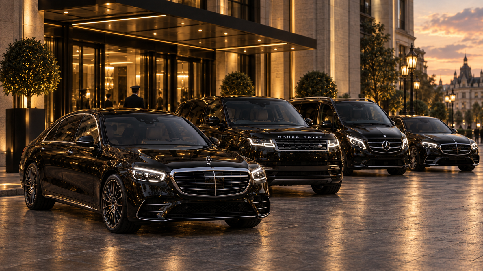 Curated fleet of black luxury vehicles outside a Vantage Lane location at dusk
