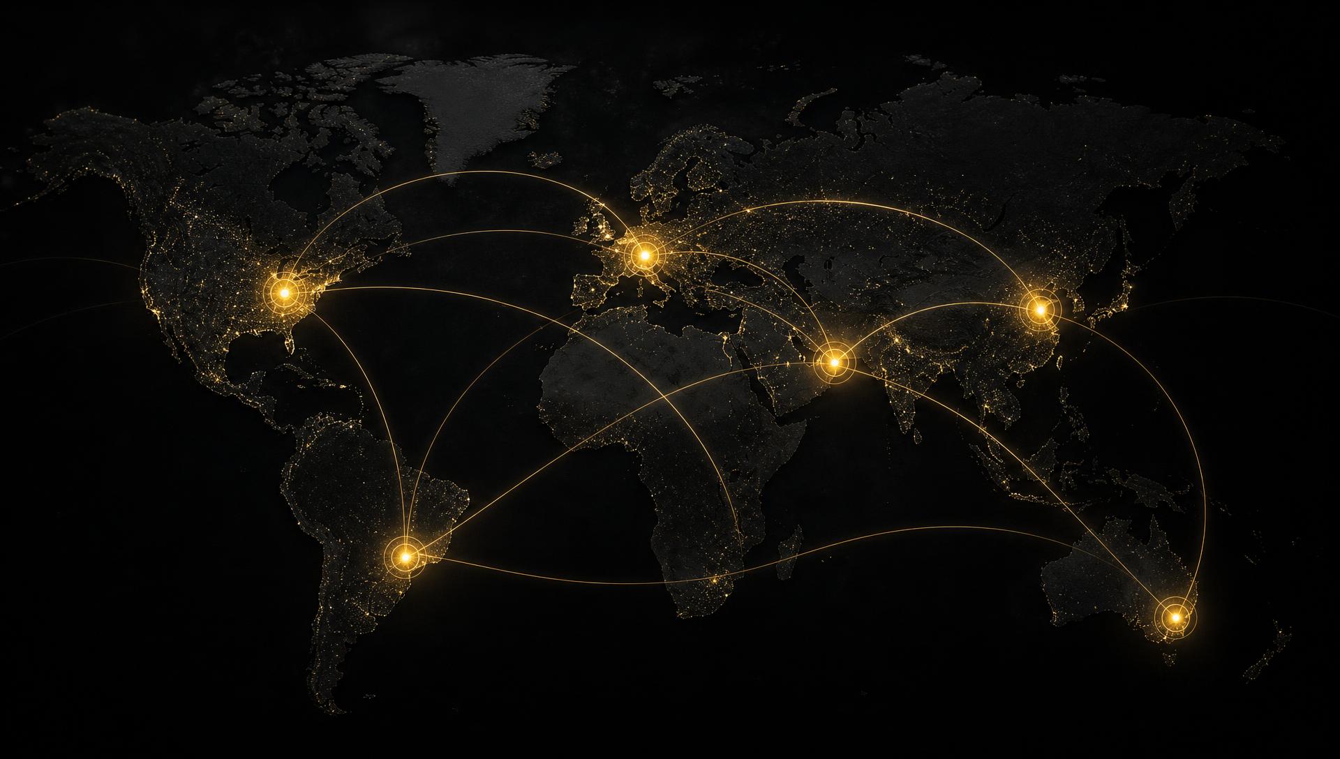 Dark world map with gold connection points across global cities