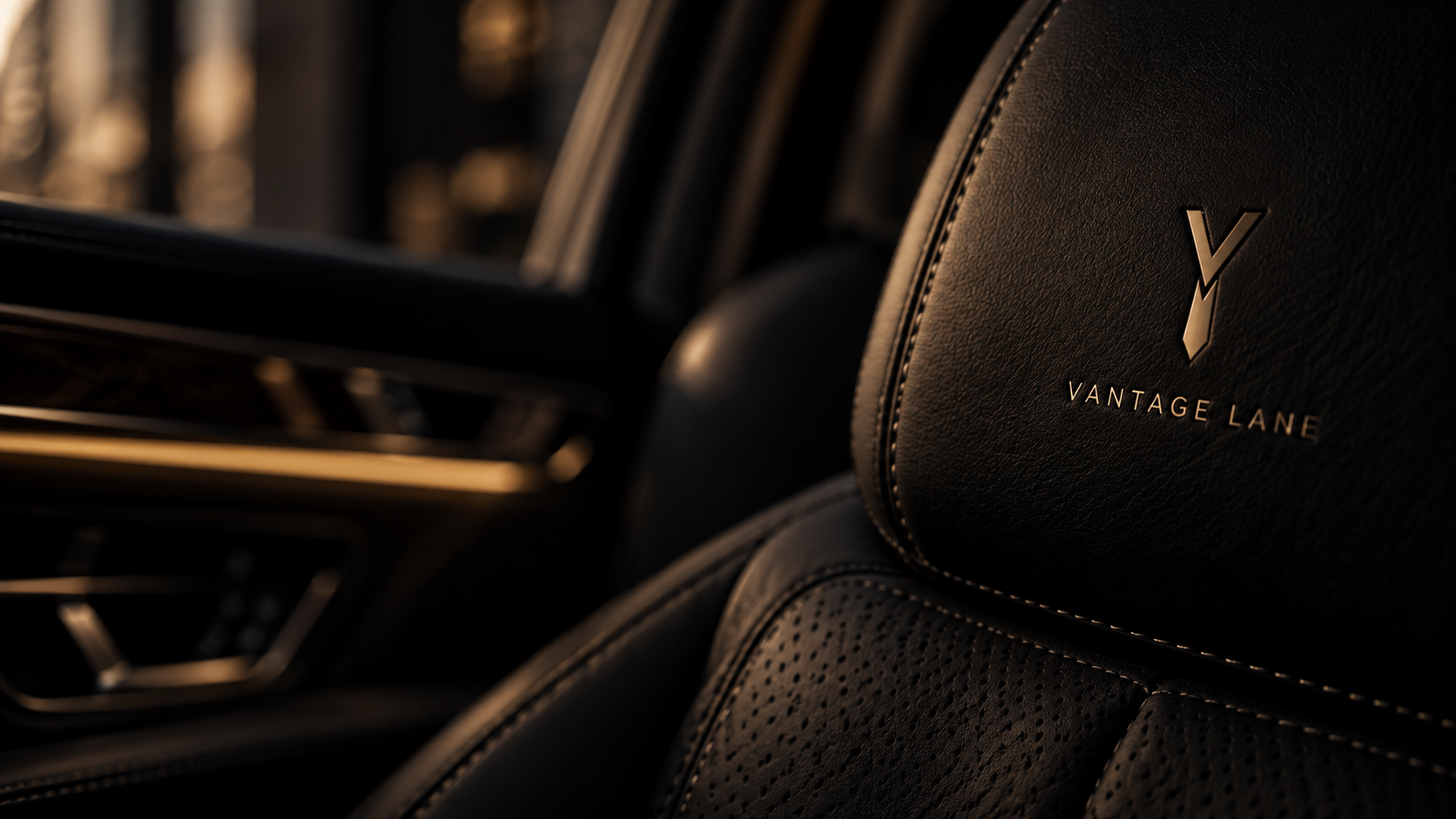 Vantage Lane embossed leather headrest detail inside a luxury vehicle
