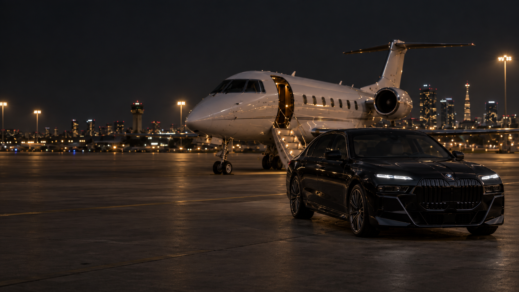 Black BMW 7 Series on a private aviation tarmac at night with a jet and city skyline