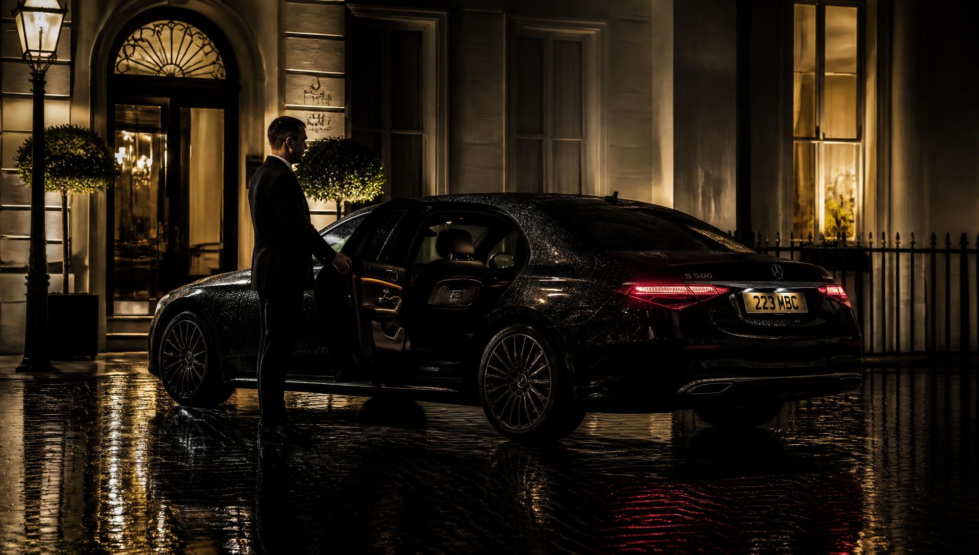 Black luxury car parked in front of an elegant London building at night